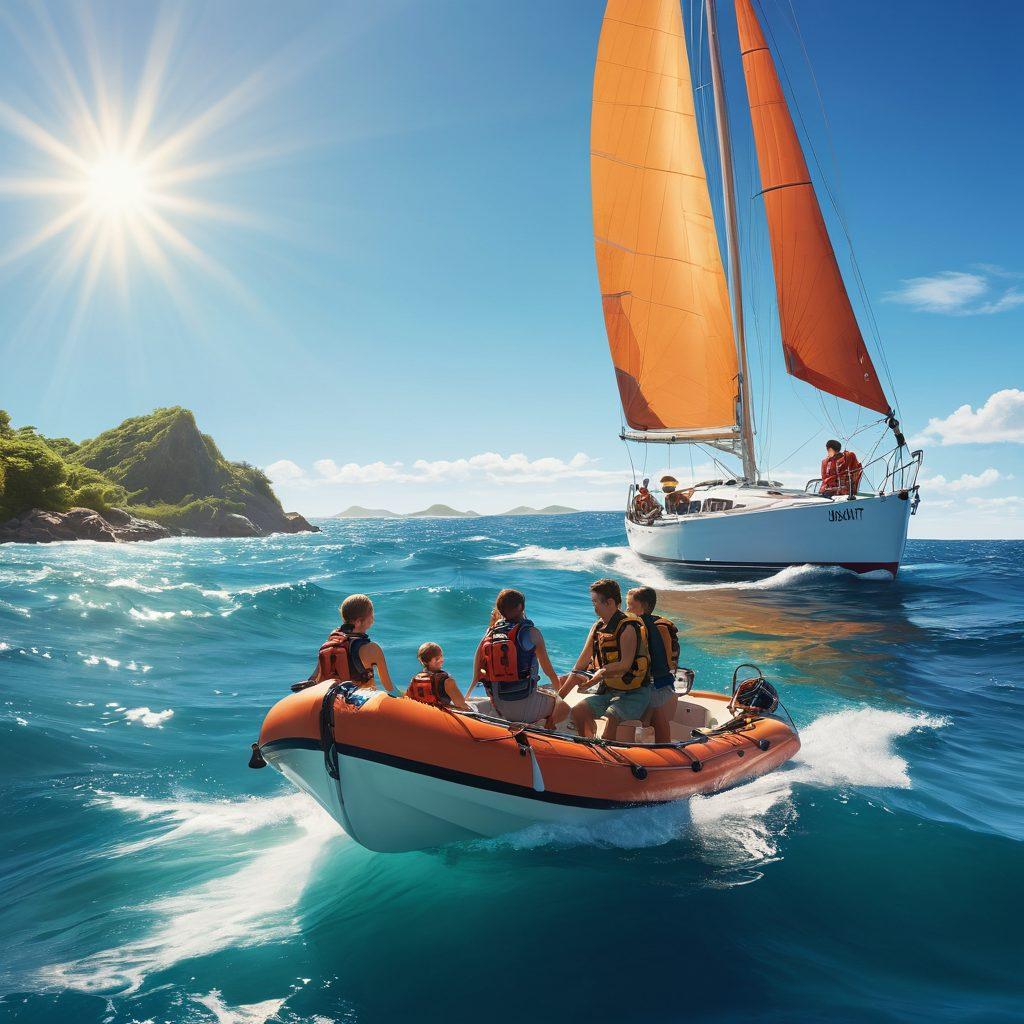 A serene scene showcasing a family sailing in a vibrant blue ocean, with a sailboat equipped with safety gear, and a backdrop of distant islands and a sunny sky. Include visual elements representing insurance and protection, such as a shield subtly integrated into the ocean's waves, and icons like first aid kits and life vests scattered around. super-realistic. vibrant colors. sunny environment.