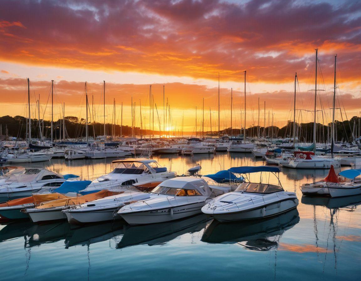 A serene marina at sunset featuring various watercrafts, including sailboats and motorboats, gently bobbing on the calm waters. In the foreground, a diverse group of boaters of different ages and backgrounds are discussing insurance options, surrounded by informative brochures. Vibrant colors reflect on the water, with soft waves and a clear sky, representing a sense of safety and adventure. super-realistic. vibrant colors. 3D.