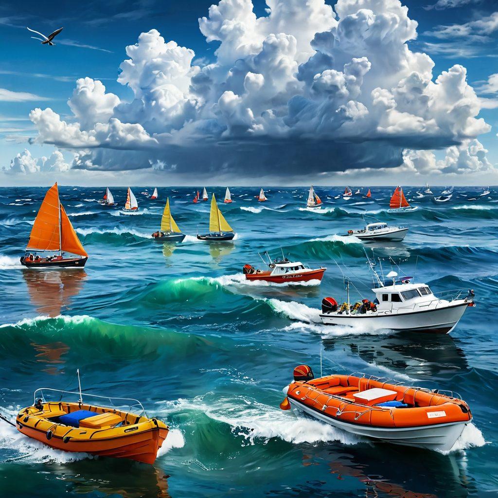 An illustrative scene of a serene ocean with a variety of boats, some sailing smoothly while others face stormy waves, symbolizing the risks of marine liability. Include a lifebuoy and a checklist floating nearby, representing boat safety and insurance awareness. The sky should transition from sunny to cloudy, conveying the unpredictability of maritime conditions. vibrant colors. super-realistic. white background.